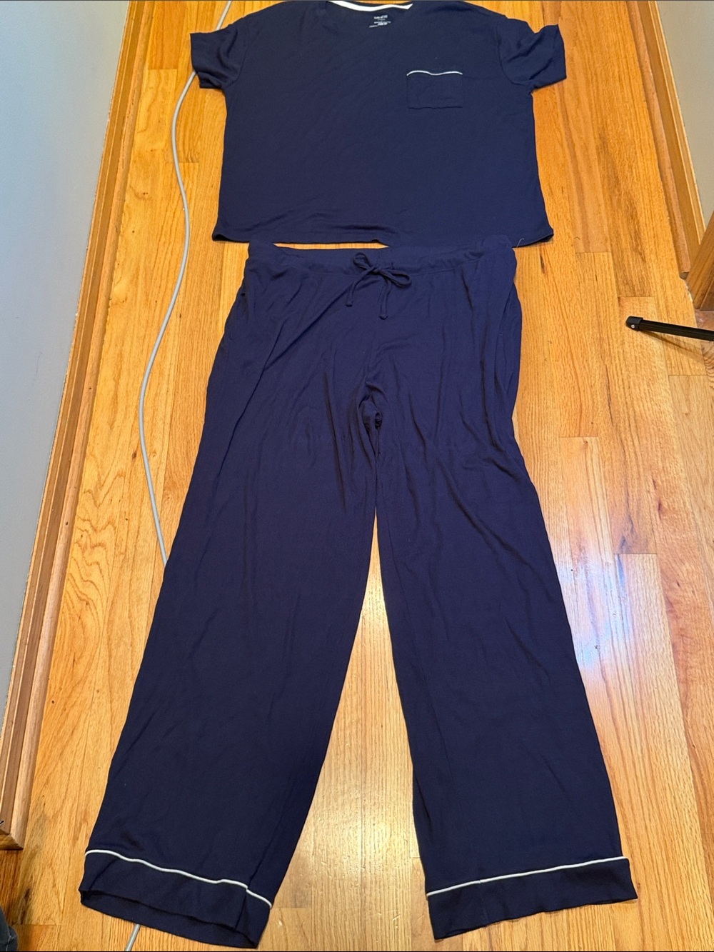 State of Day Women's Large L Navy Two-Piece Ribbed Pajama Set   Contrast Piping